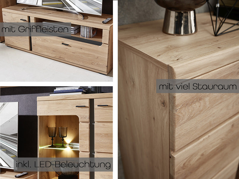 Sonos II 6-teiliges Wohnzimmer Komplettset 2 inkl. LED-Beleuchtung Altesche Bianco Massiv / Mattschwarz