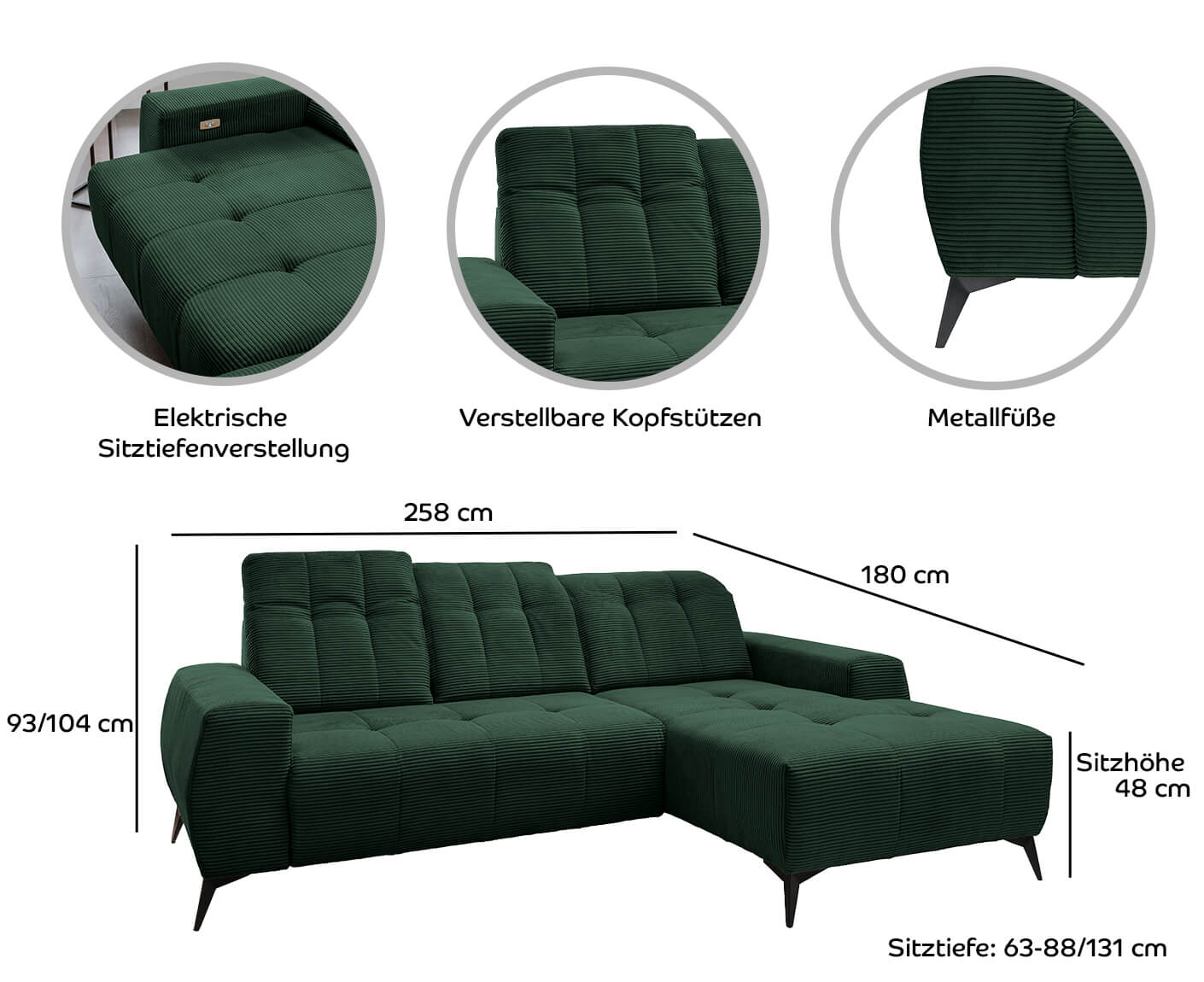 Sassari Ecksofa 258 x 180 cm, mit elektrischem Sitzvorschub, Corto