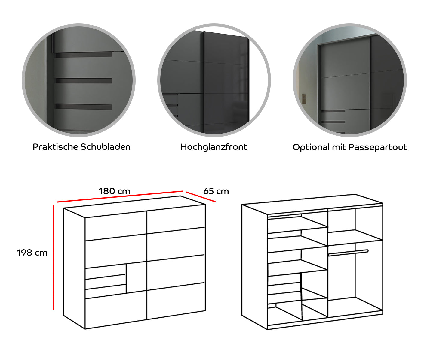 Schwerin Kleiderschrank Schwebetürenschrank 2-Türig Graphit / Glas