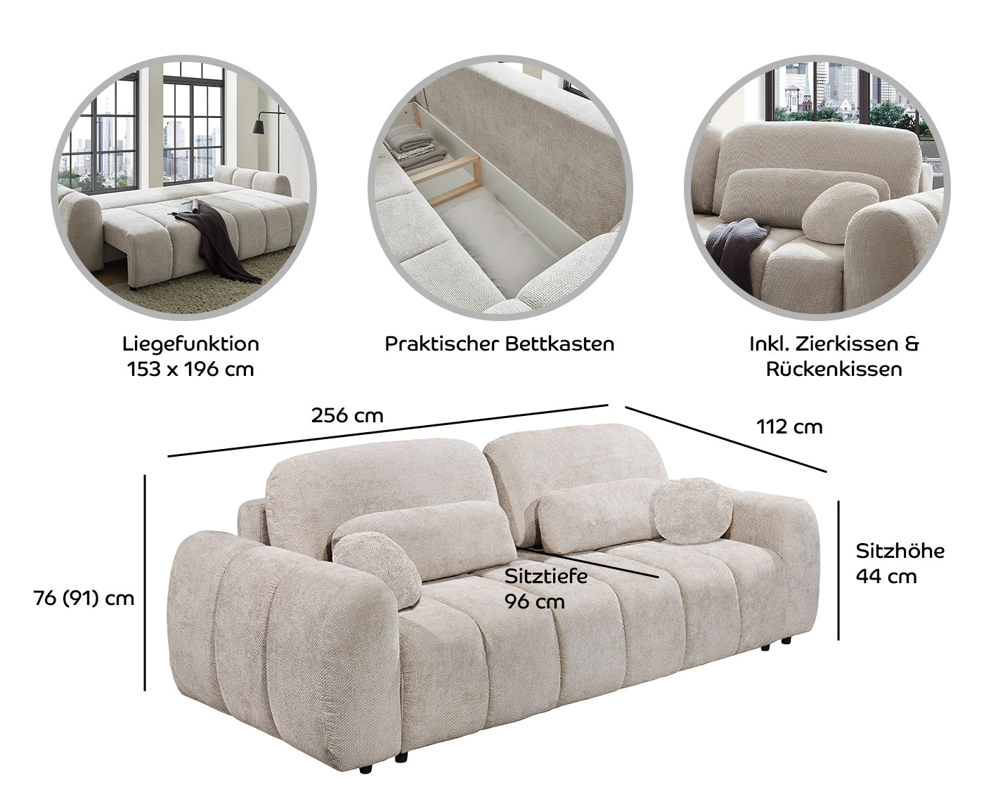 Bubble Schlafsofa 256 x 112 cm, mit Bettkasten