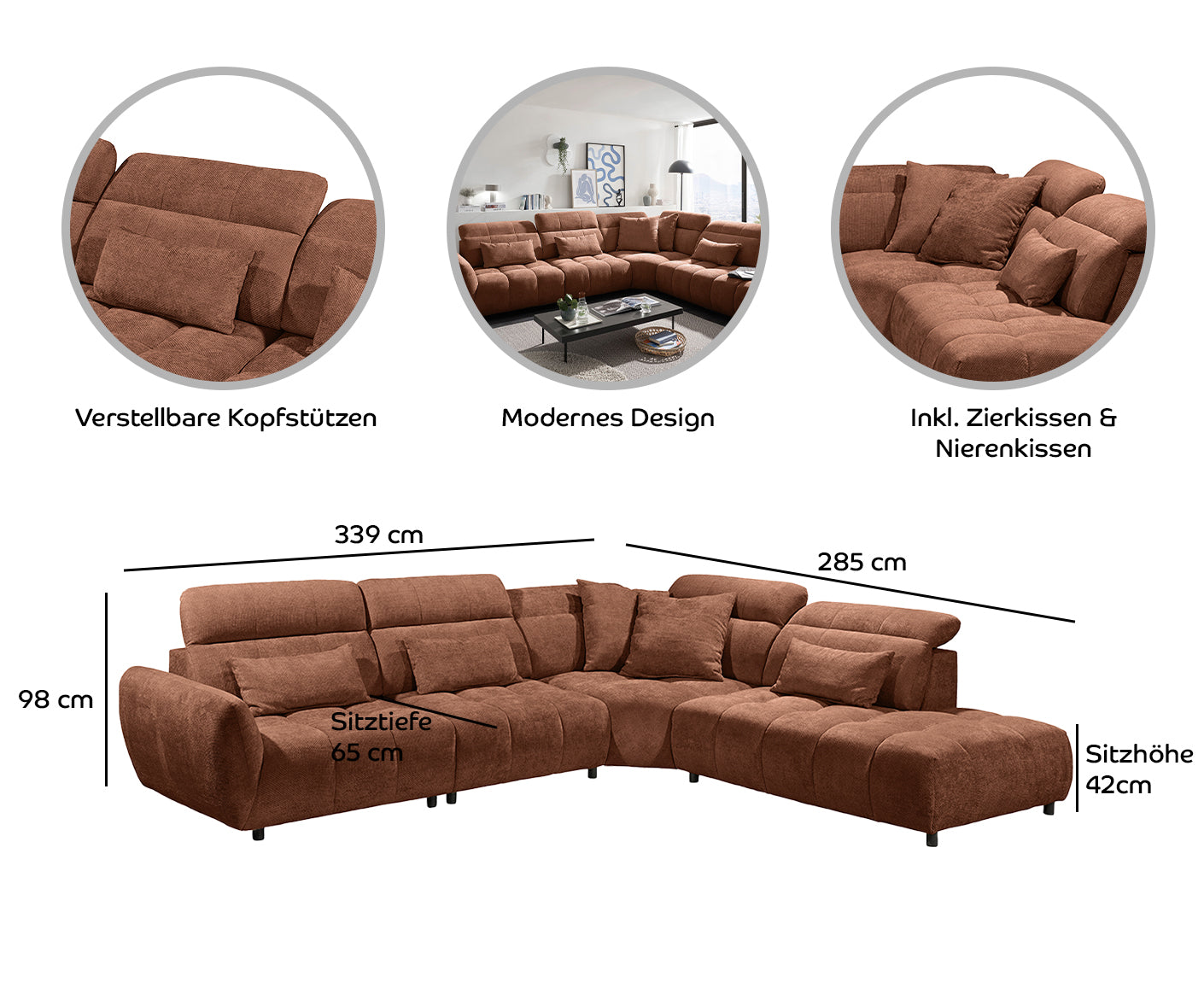 Franklin Ecksofa 339 x 285 cm, mit verstellbaren Kopfstützen