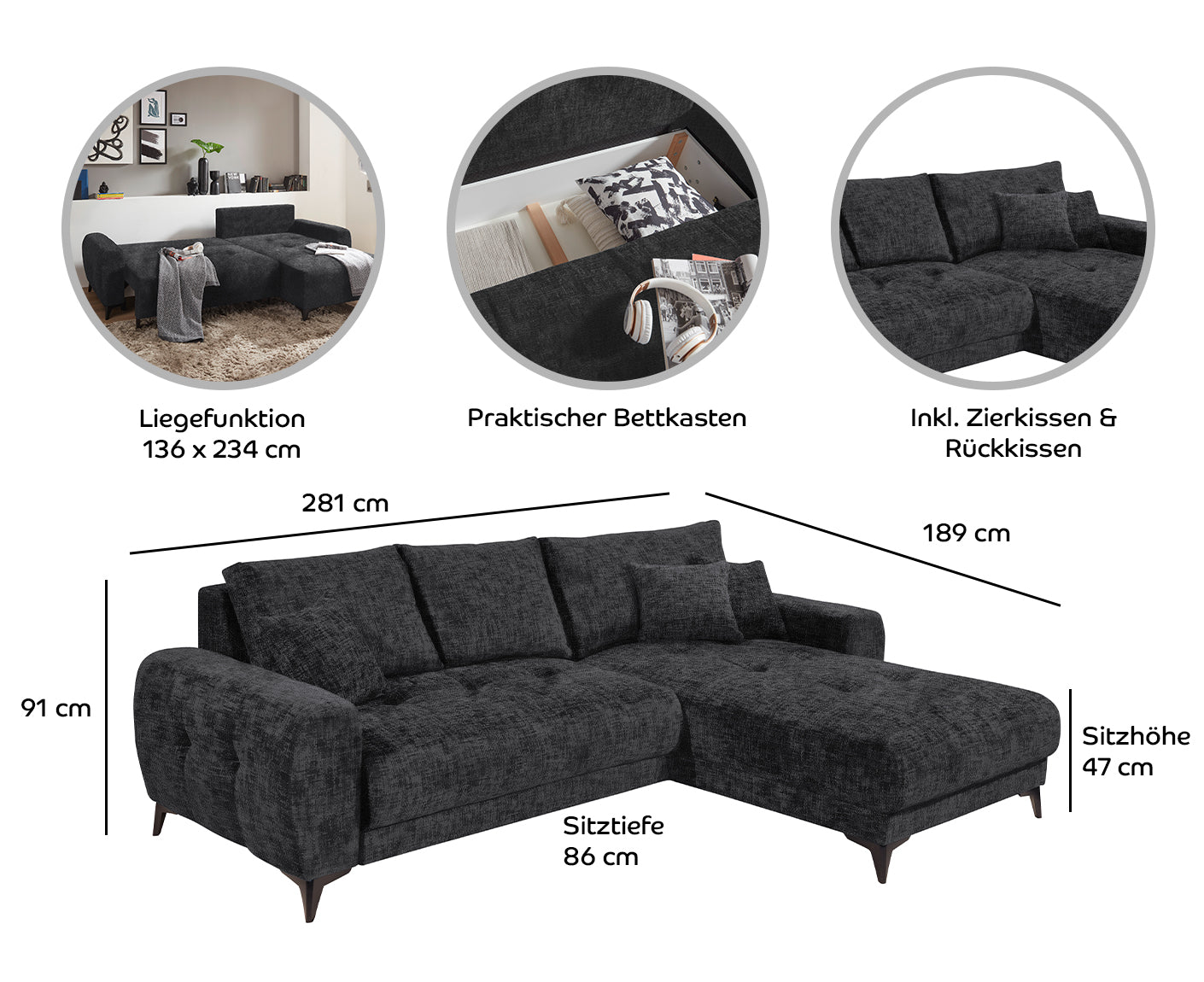 Levada Ecksofa 281 x 189 cm, mit Schlaffunktion & Bettkasten