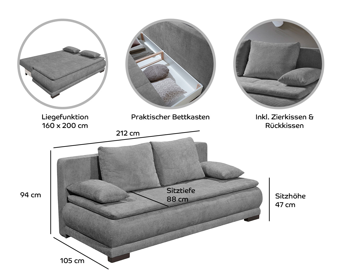 Liam Schlafsofa 212 x 105 cm, mit Bettkasten