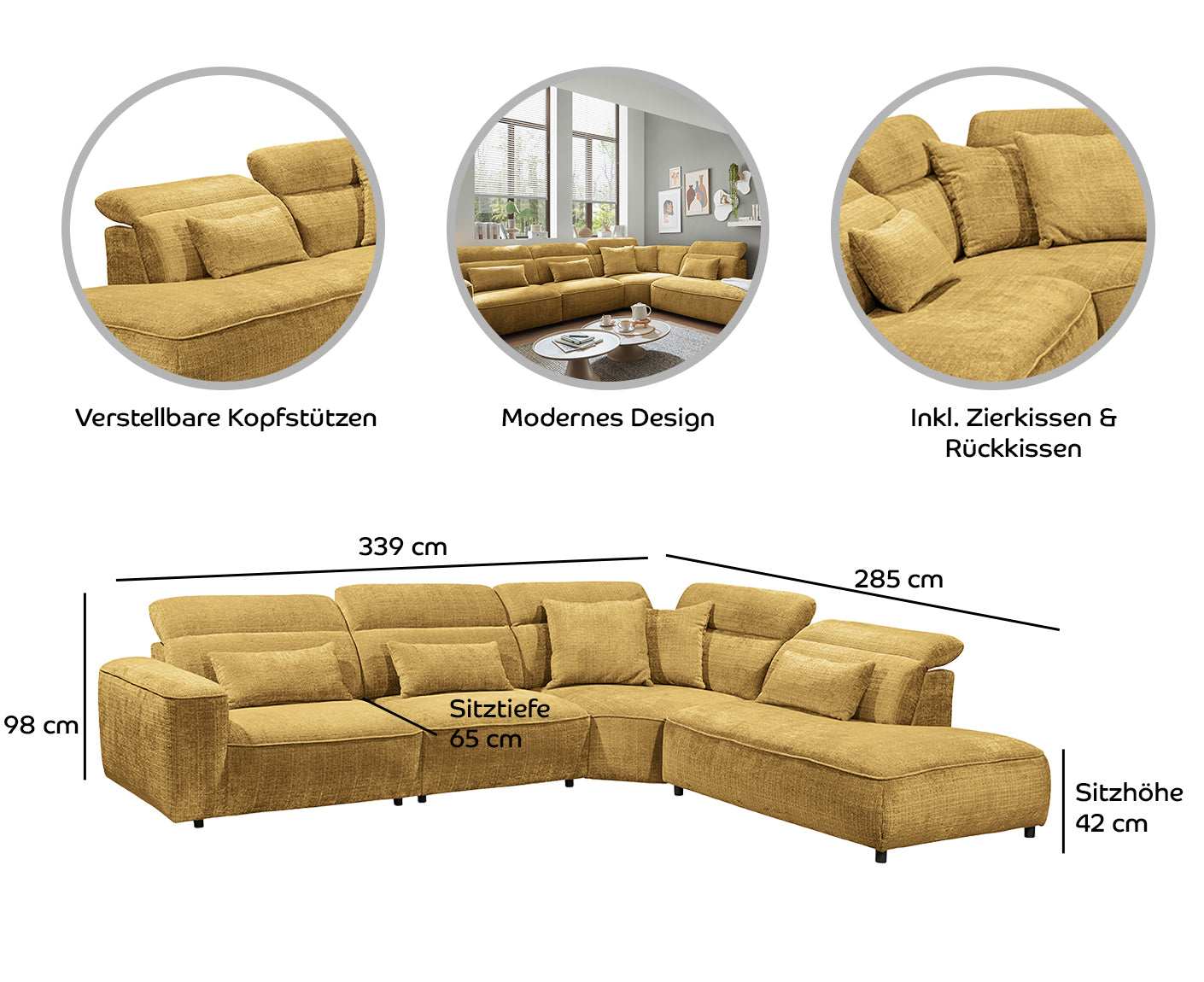 Mansfield Ecksofa 339 x 285 cm, mit verstellbaren Kopfstützen