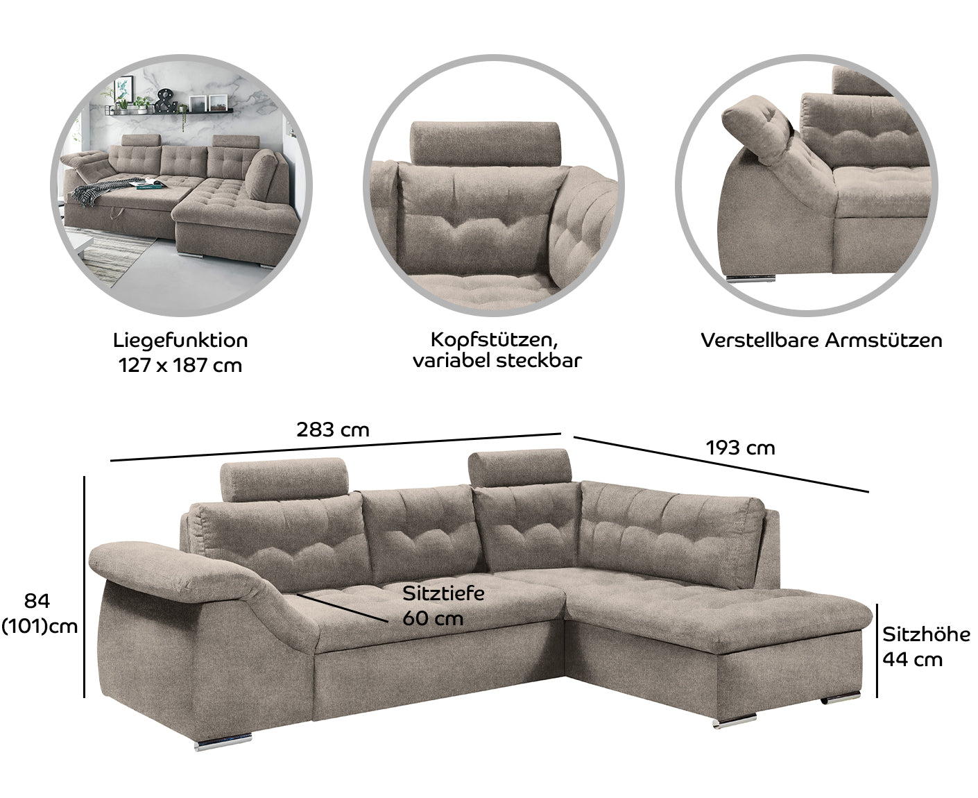 Oman Ecksofa 283 x 193 cm, mit Schlaffunktion & Bettkasten