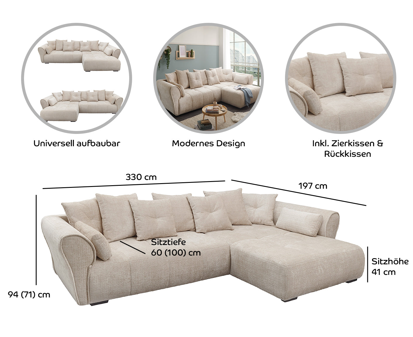 Riska Ecksofa 330 x 197 cm inkl. Rückenkissen & Zierkissen