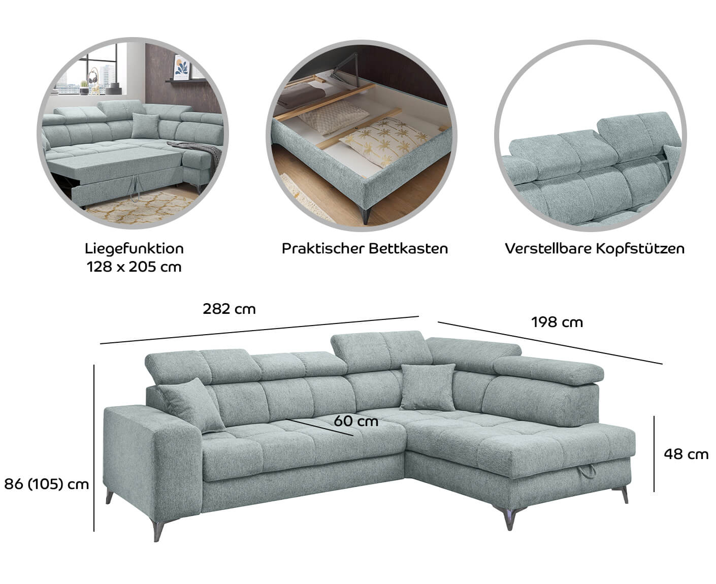 Sydney Ecksofa 282 x 198 cm, mit Schlaffunktion & Bettkasten
