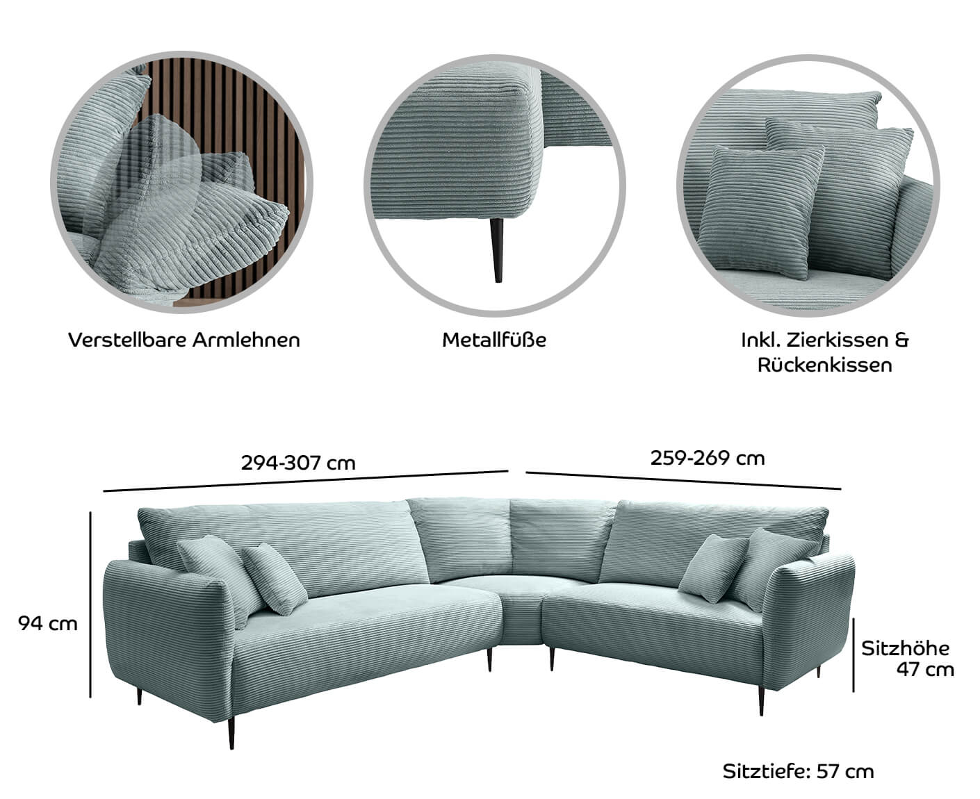 Viterbo Ecksofa 256-269 x 294-307 cm, mit Trapezecke, Cord