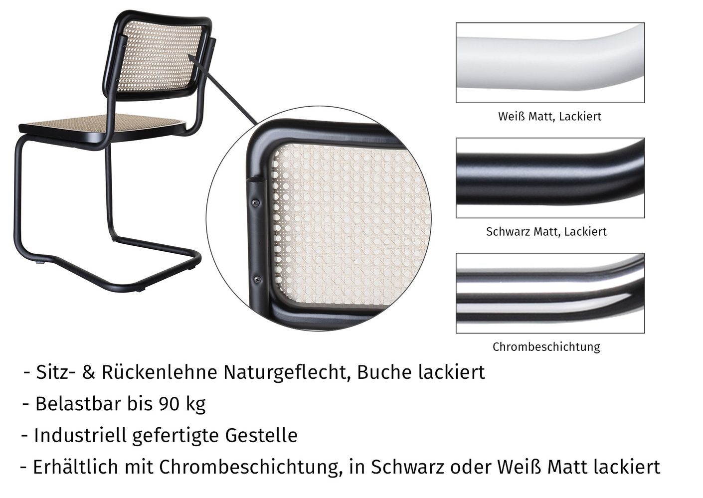 Holm Freischwinger 4er Set Schwarz lackiert - Naturgeflecht