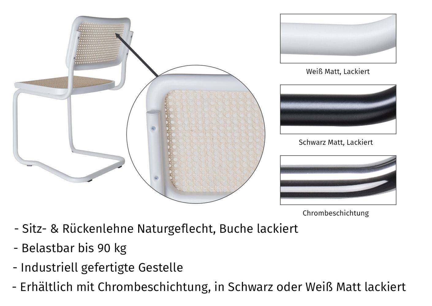 Holm Freischwinger 4er Set Weiß lackiert - Naturgeflecht
