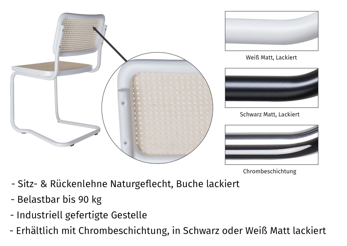 Holm Freischwinger 4er Set Weiß lackiert - Naturgeflecht
