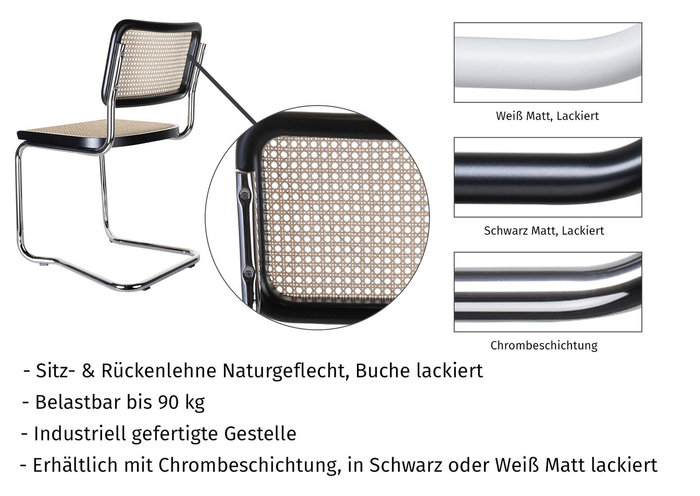 Holm Freischwinger 4er Set Chrom - Naturgeflecht / Schwarz