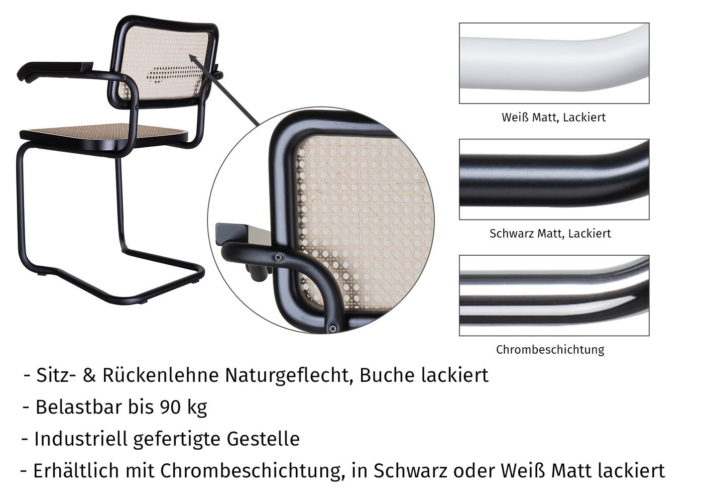 Togo Freischwinger 2er Set Schwarz lackiert - Naturgeflecht