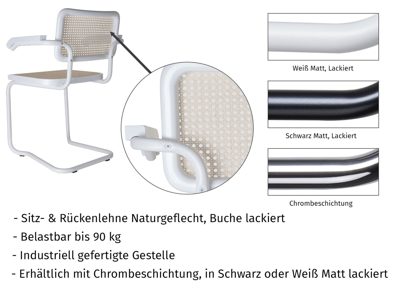 Togo Freischwinger 2er Set Weiß lackiert - Naturgeflecht