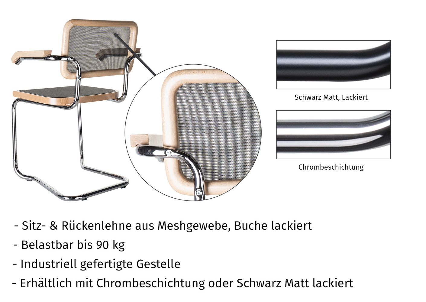 Togo 2er Set Freischwinger mit luftdurchlässigem Meshgewebe Buche Natur / Chrom