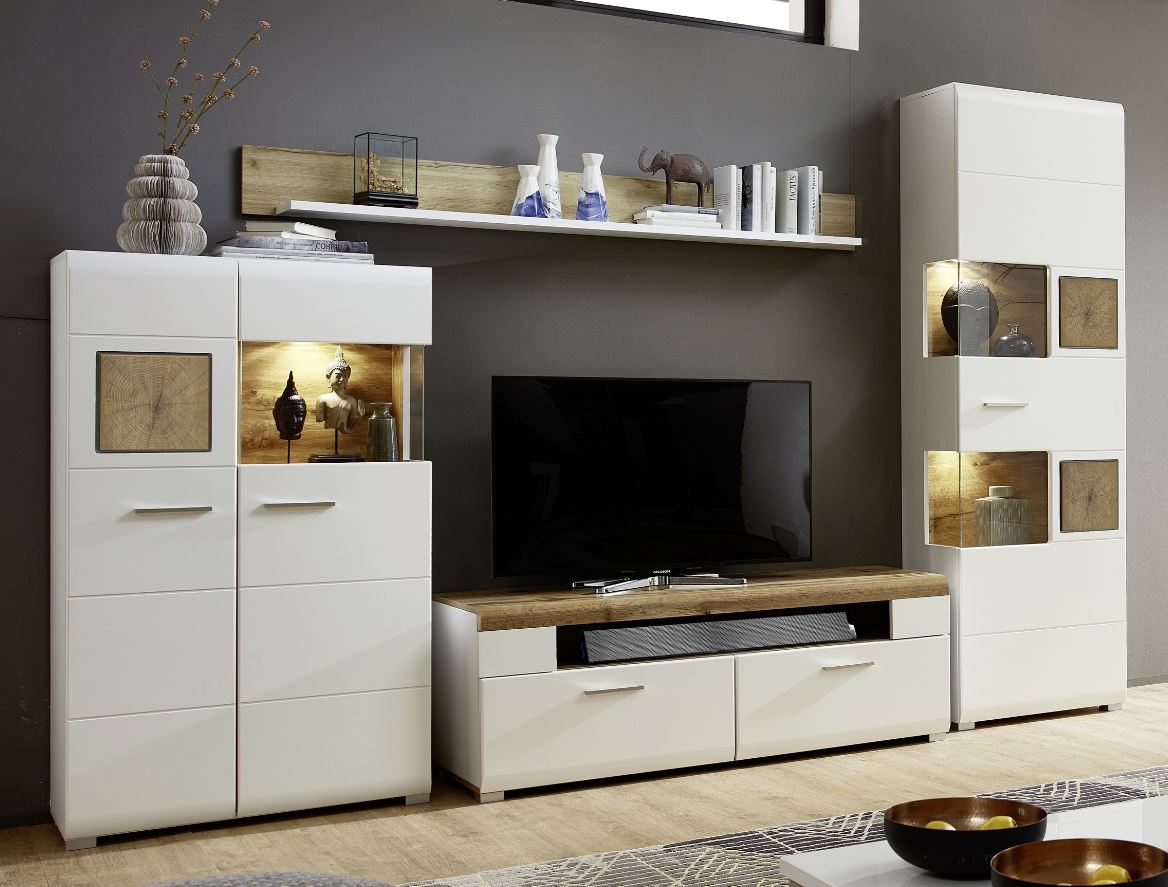 Wohnzimmer Komplettset FUN PLUS 2 Weiß / Eiche Altholz