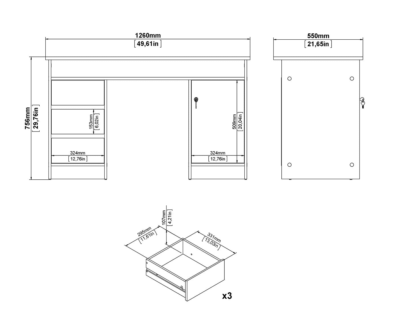 Function Plus Schreibtisch 1 Tür + 3 Schubladen
