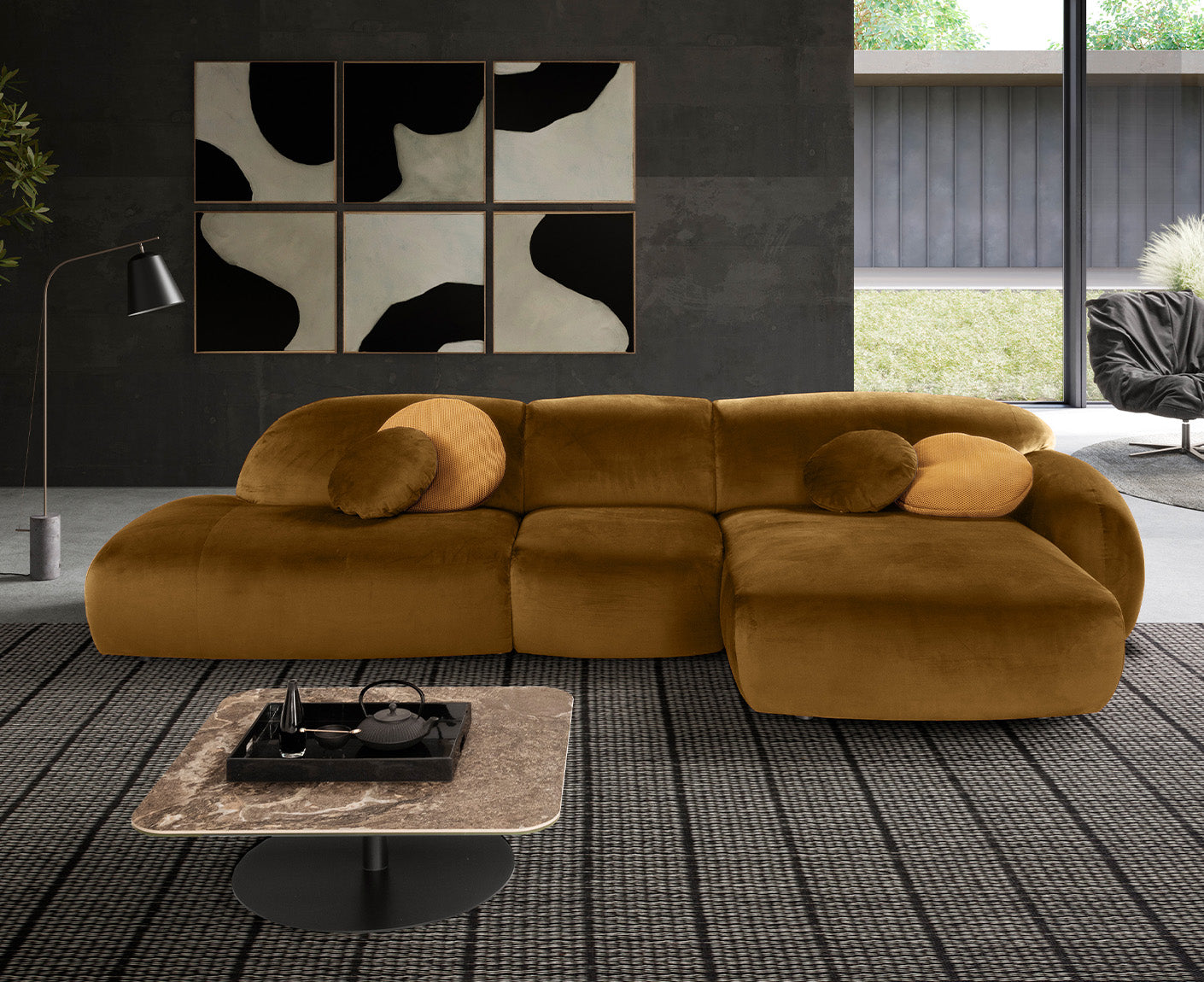 designwerk Globe Ecksofa | 369 x 177 cm | Velourstoff