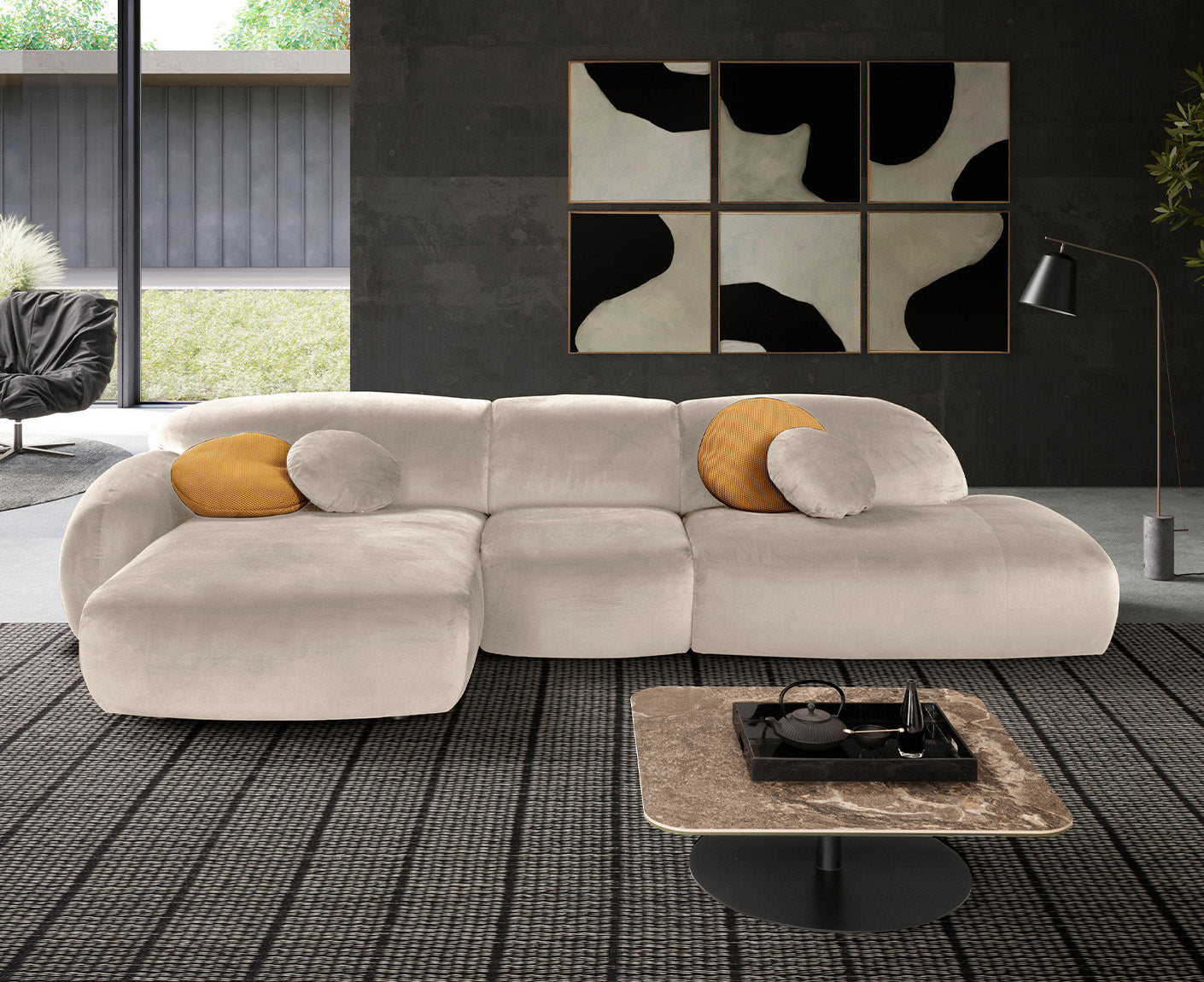 designwerk Globe Ecksofa | 369 x 177 cm | Velourstoff