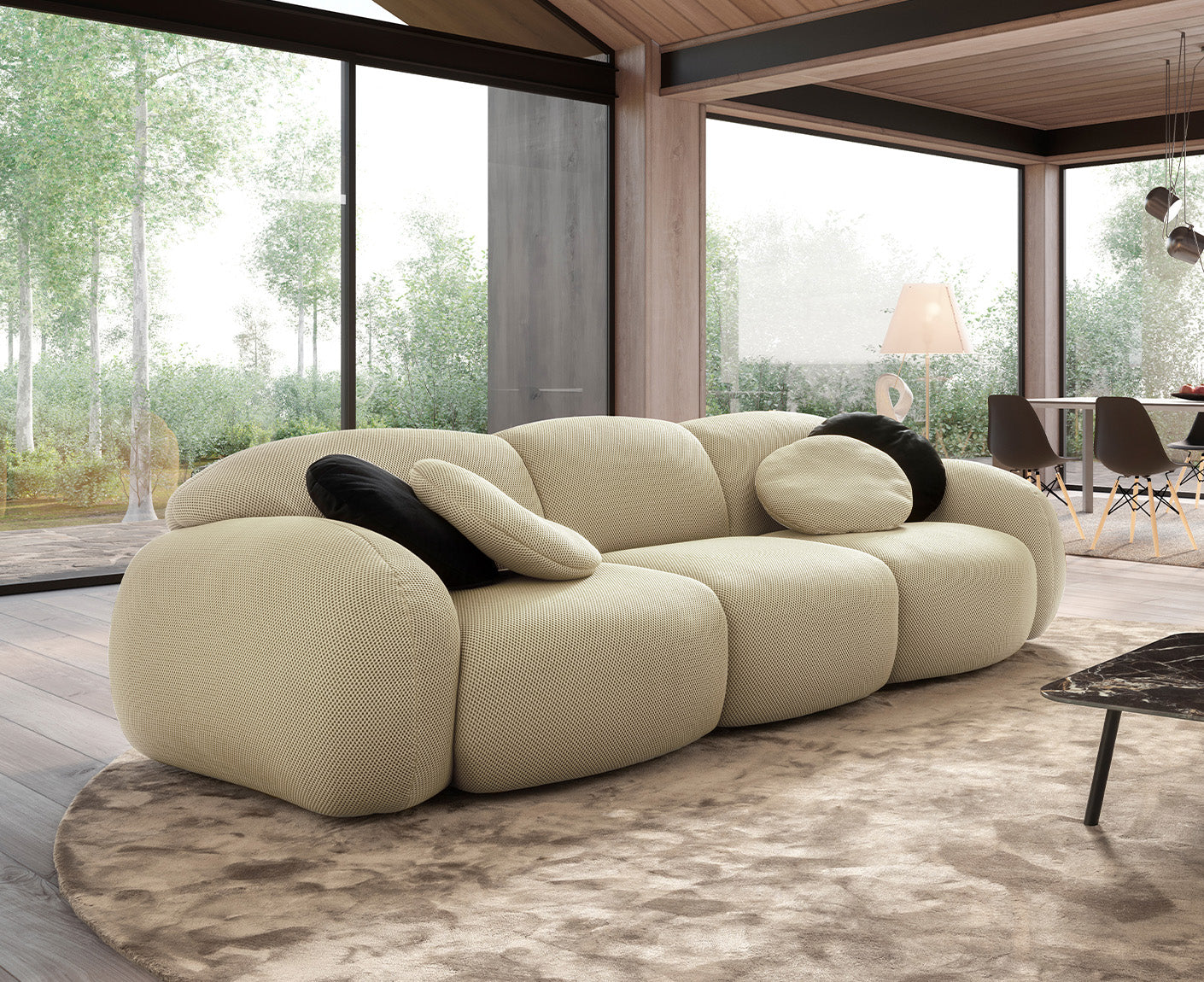 designwerk Globe 3-Sitzer Sofa | 292 x 116 cm | Flachgewebe 3D-Effekt