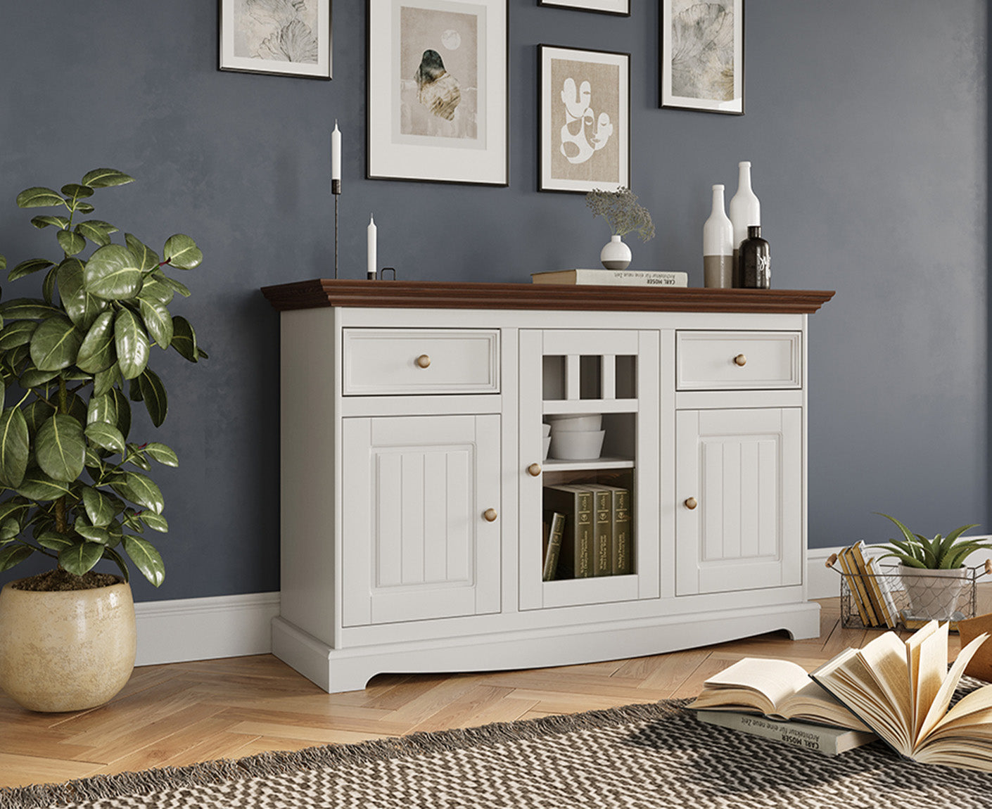 Belluno Elegante Sideboard 130x85 cm Massivholz mit Glastür