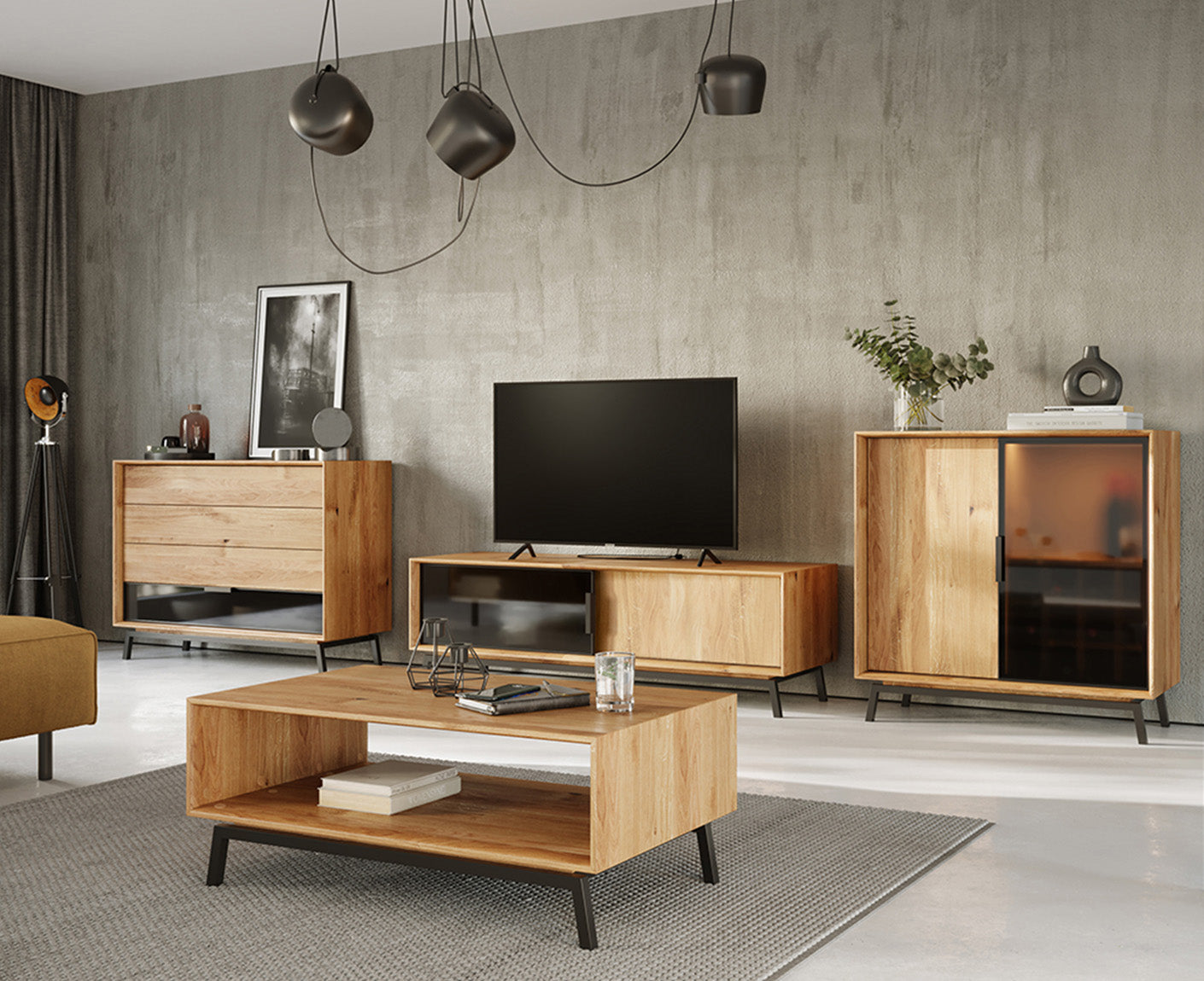 Modern Loft TV-Lowboard 200 cm Massivholz Eiche geölt/Glas Grafit Matt