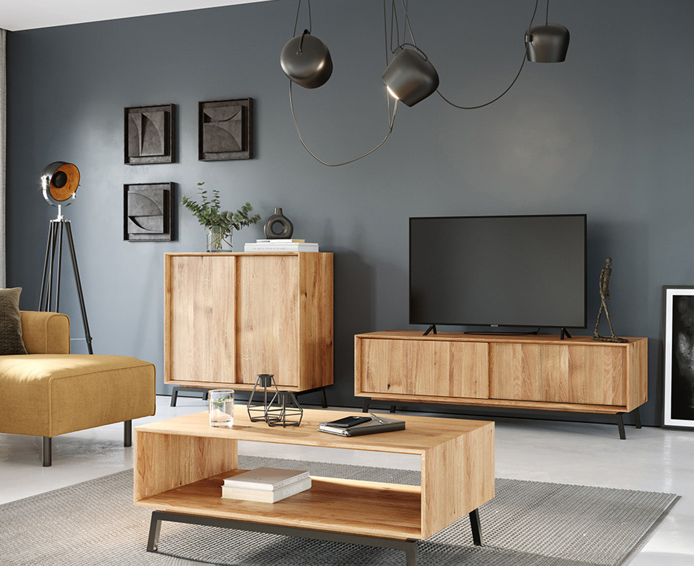 Modern Loft TV-Lowboard 200 cm mit Schublade Massivholz Eiche, geölt
