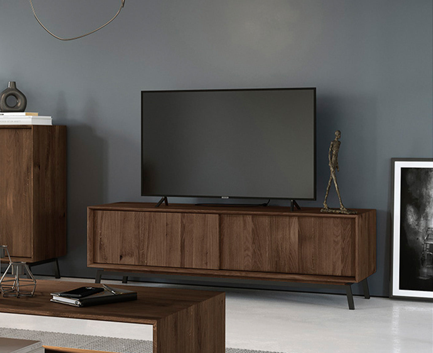 Modern Loft TV-Lowboard 200 cm mit Schublade Massivholz Eiche, geölt