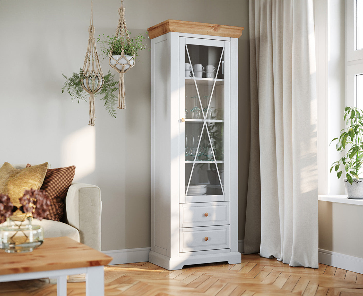 Marone Elite Standvitrine Massivholz Weiß / Grau