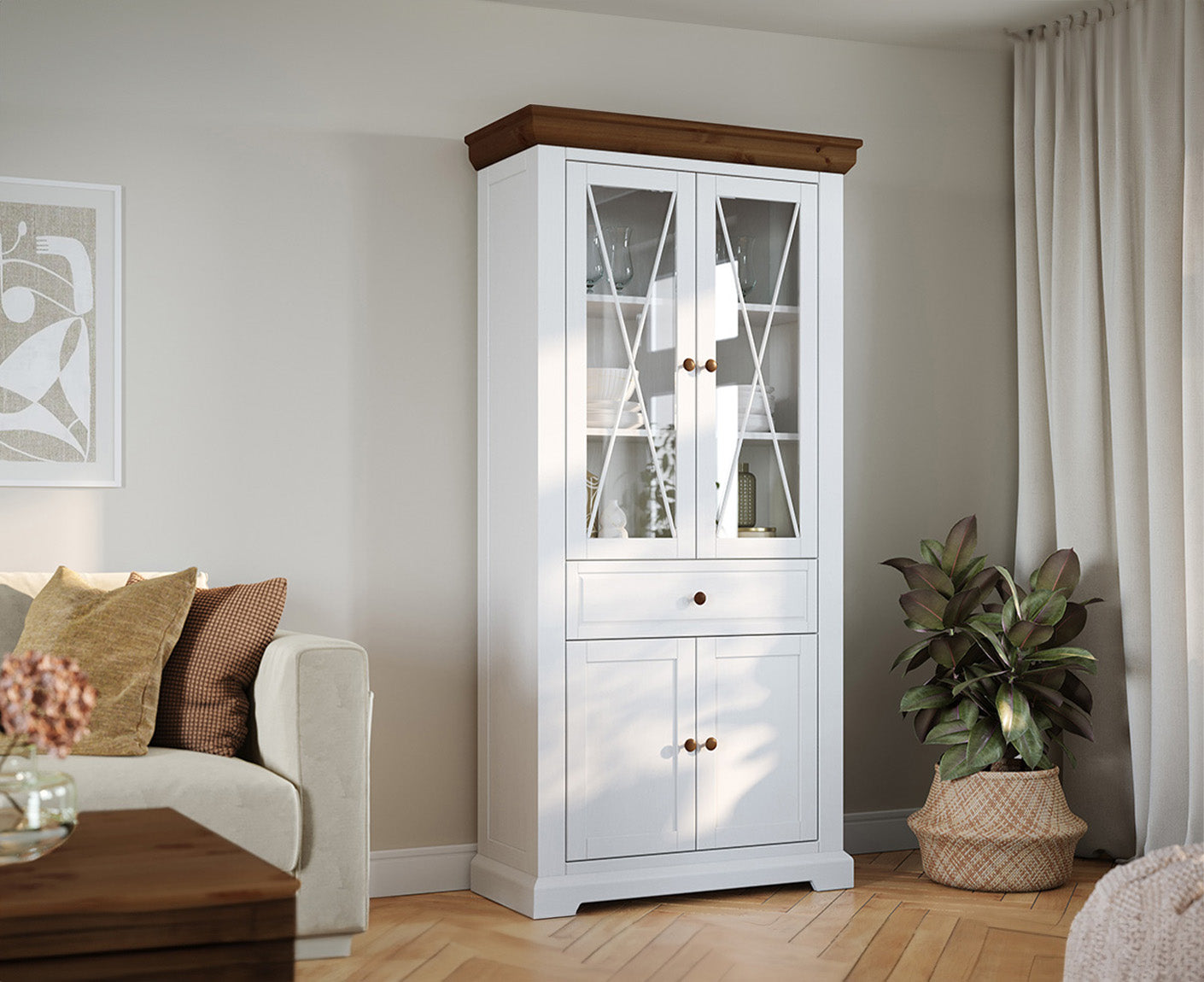 Marone Elite Standvitrine Massivholz 2-türig Weiß / Grau