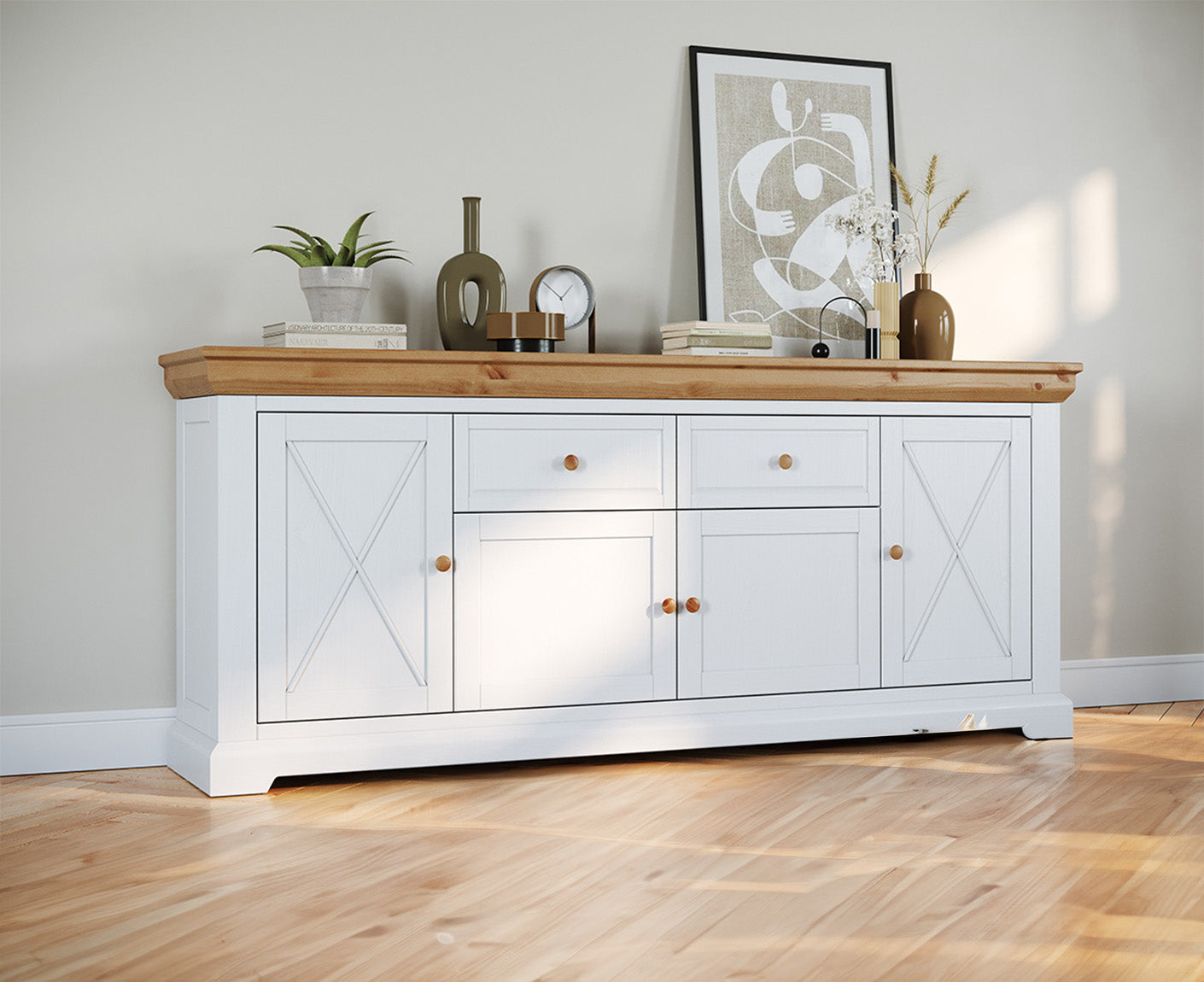 Marone Elite Sideboard 4-türig Massivholz Weiß / Grau