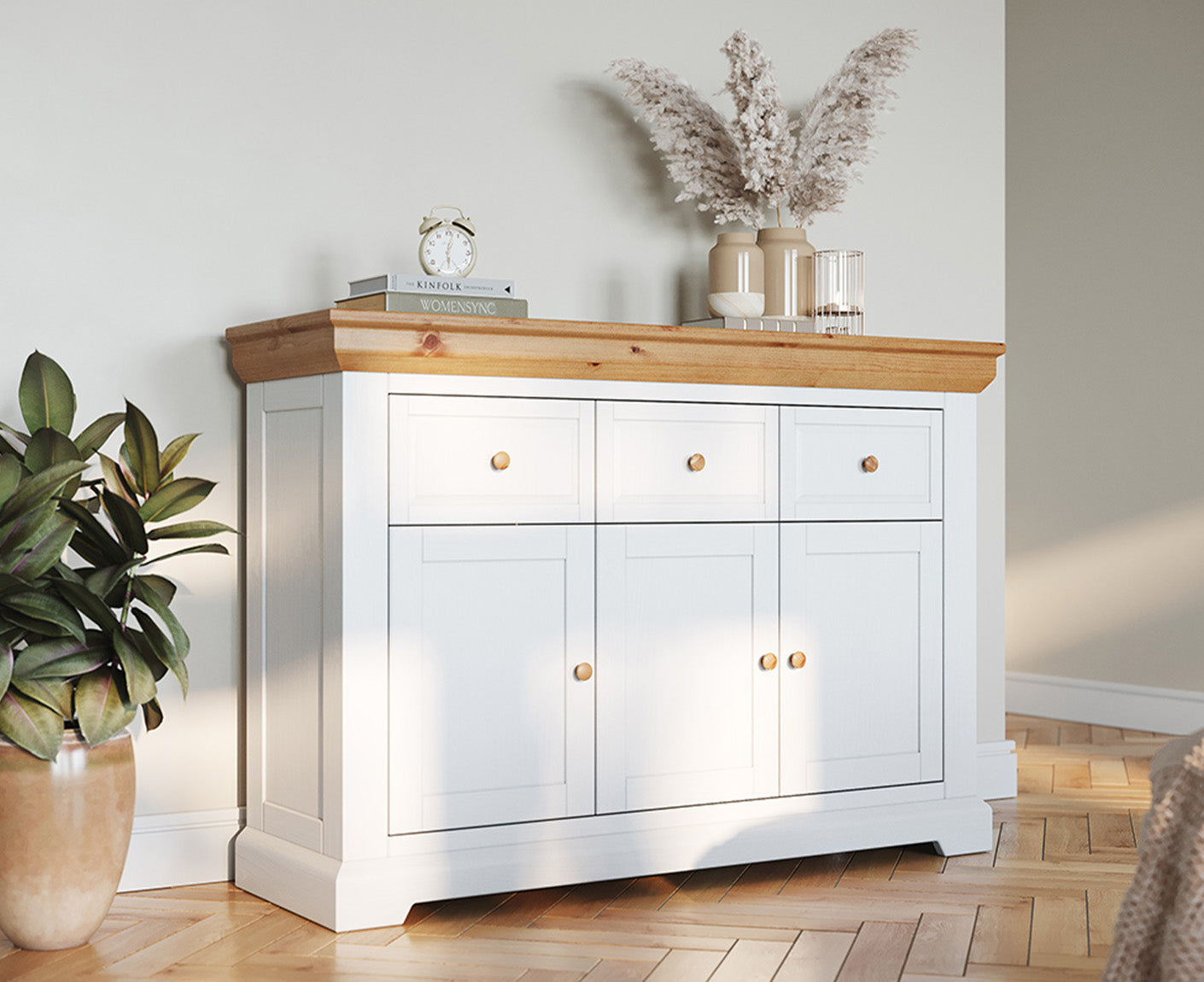 Marone Elite Sideboard 3-türig Massivholz Weiß / Grau