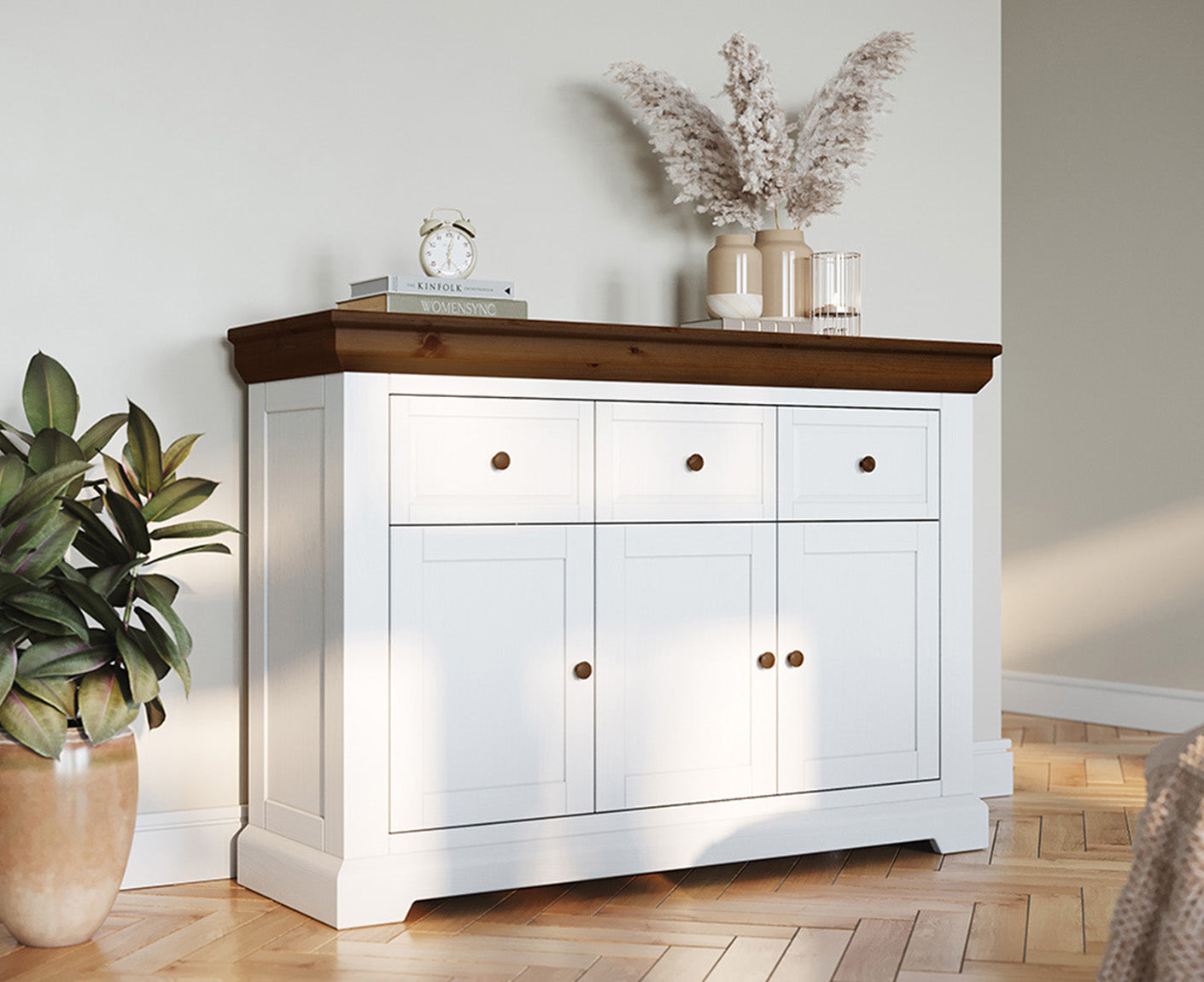 Marone Elite Sideboard 3-türig Massivholz Weiß / Grau