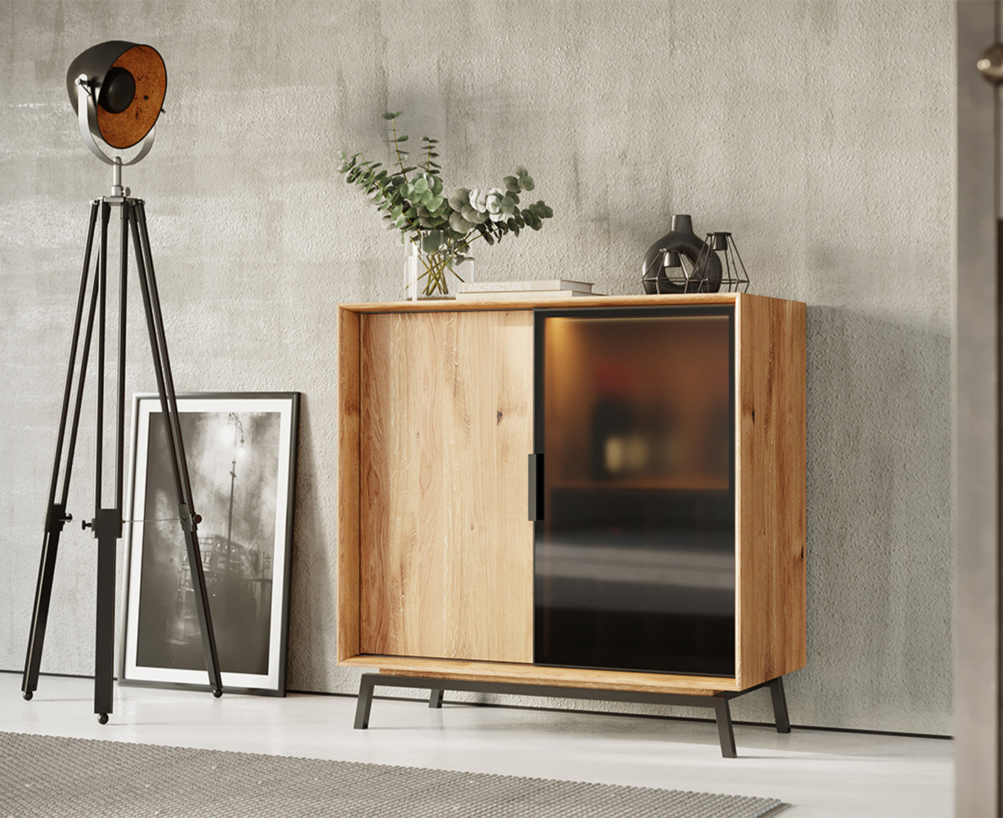 Modern Loft Weinregal Massivholz Eiche geölt/Glas Grafit Matt