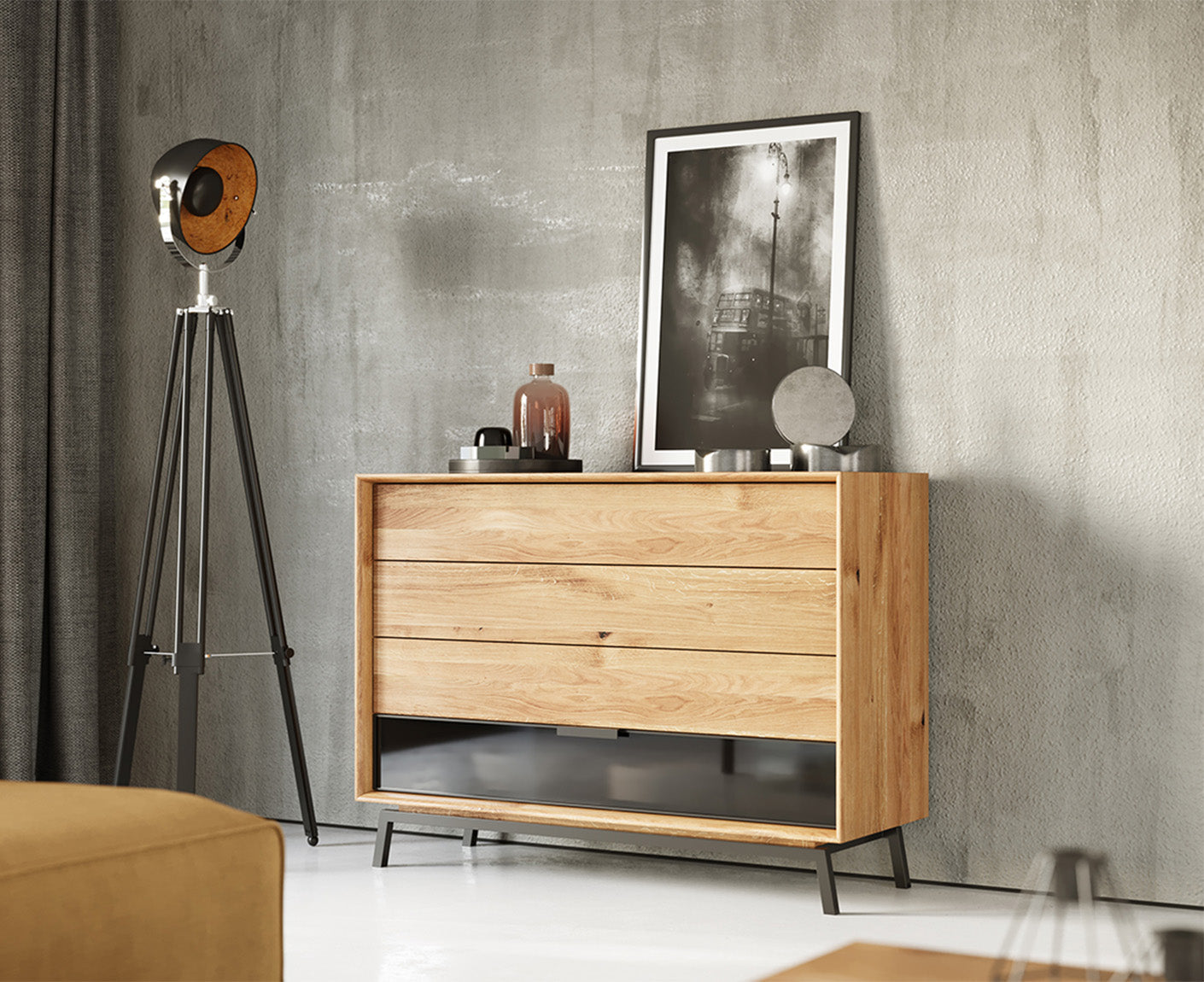 Modern Loft Kommode Massivholz Eiche geölt/Glas Grafit Matt