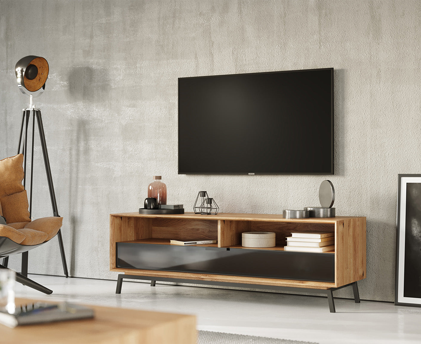 Modern Loft TV-Lowboard 160 cm Massivholz Eiche geölt/Glas Grafit Matt