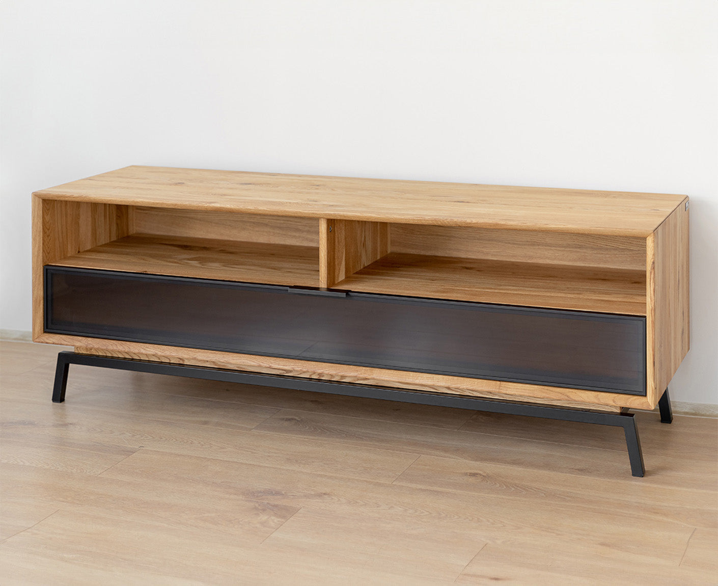 Modern Loft TV-Lowboard 160 cm Massivholz Eiche geölt/Glas Grafit Matt