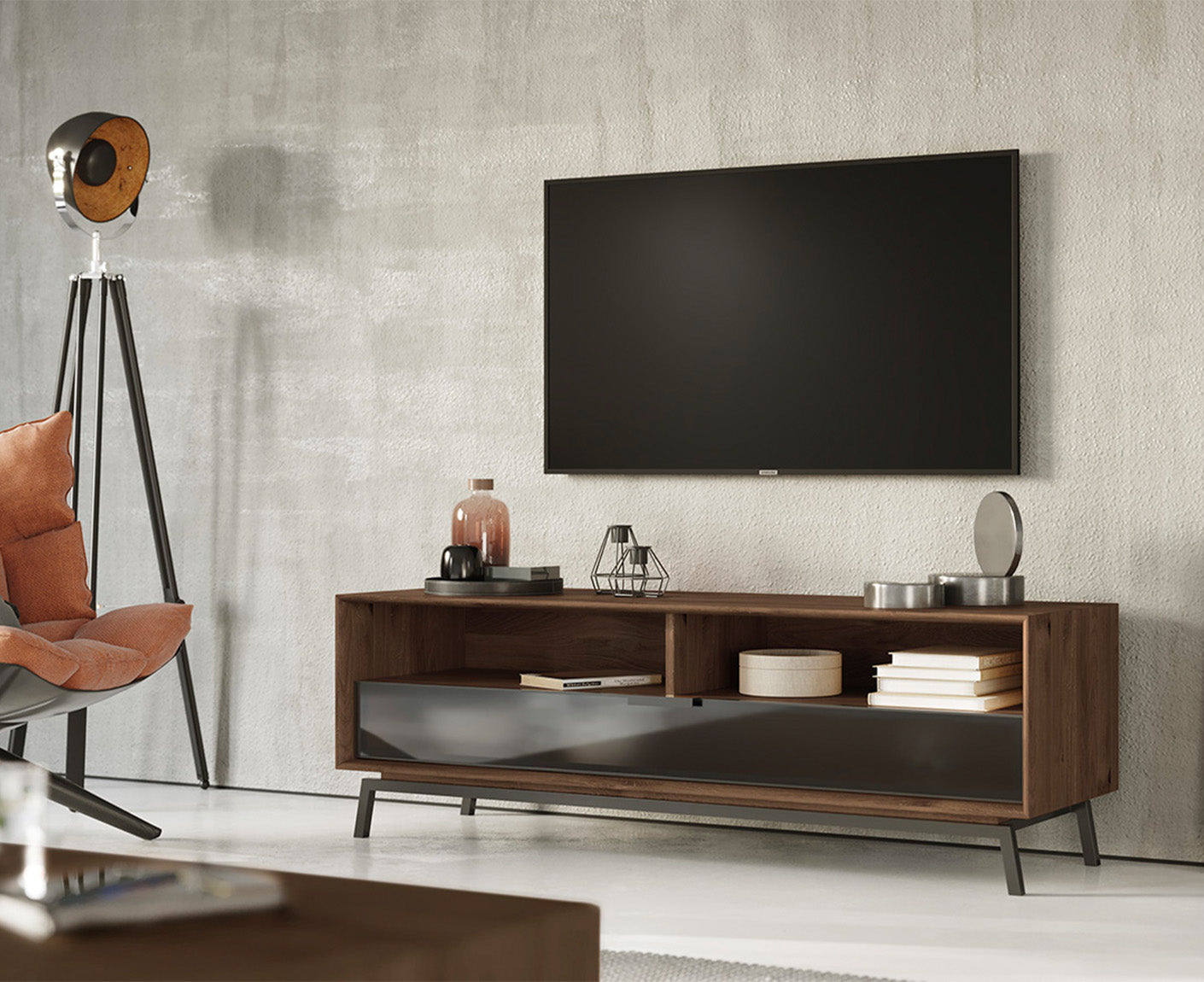 Modern Loft TV-Lowboard 160 cm Massivholz Eiche geölt/Glas Grafit Matt