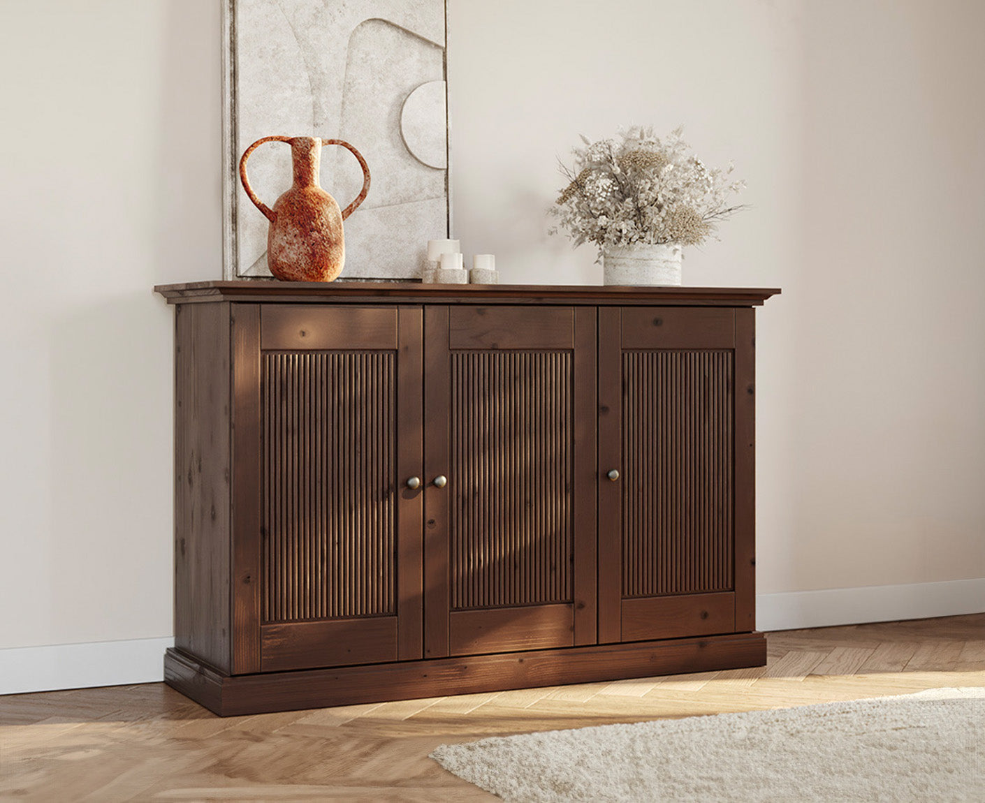 Rosella Sideboard 3-Türig Massivholz Tabacco / Altsilber