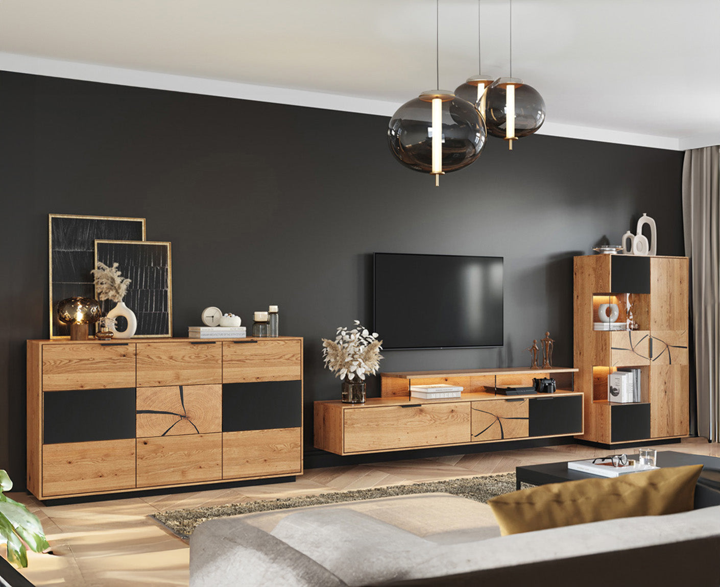 Tirano Wand TV-Lowboard Hirnholz & schwarzes Glas, Massivholz Eiche geölt, fertig montiert
