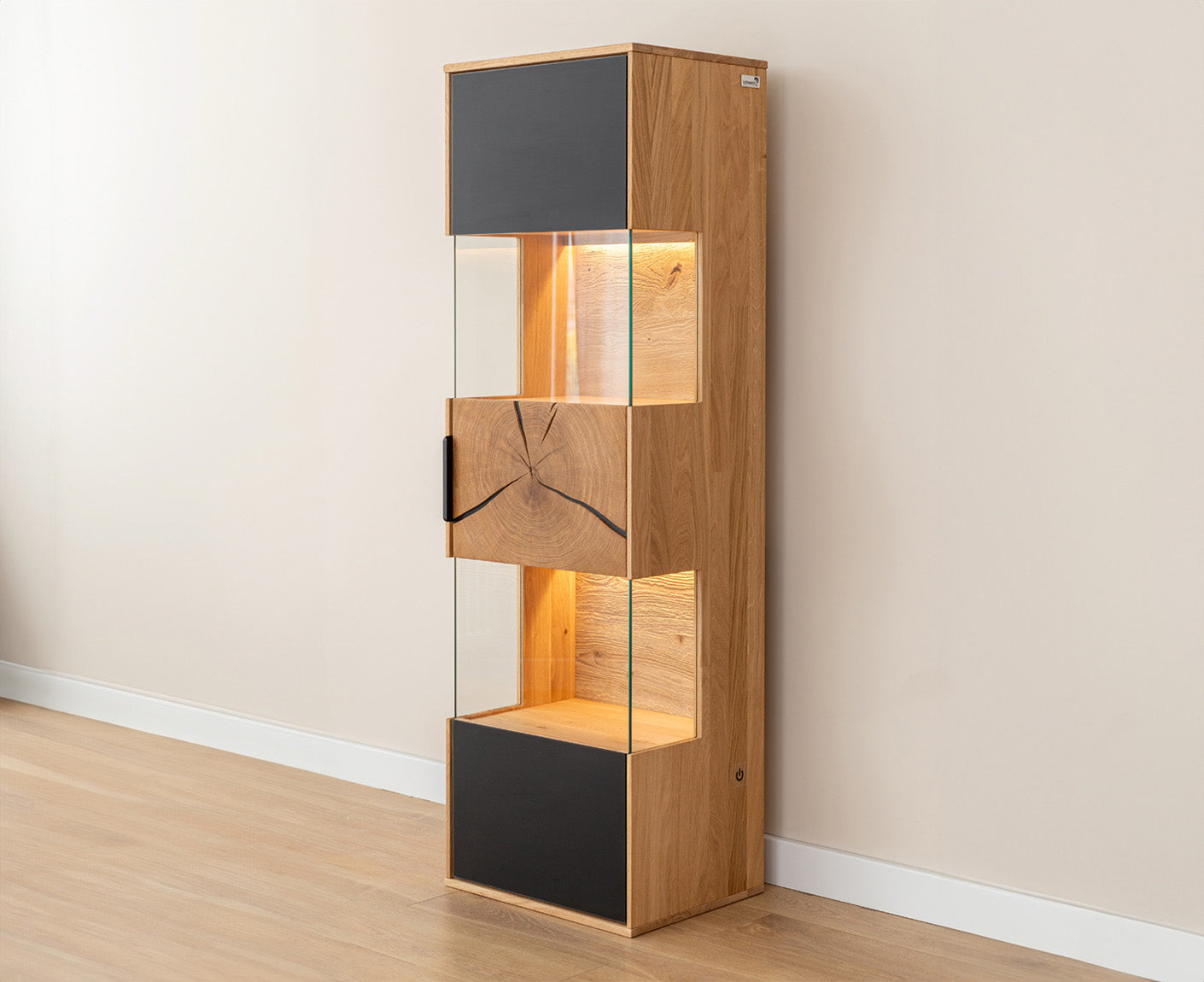 Tirano Hängevitrine Hirnholz & schwarzes Glas, Massivholz Eiche geölt, fertig montiert