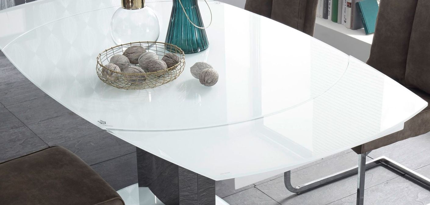Esstisch ausziehbar Ø 130-190 Super White Glas / Edelstahl