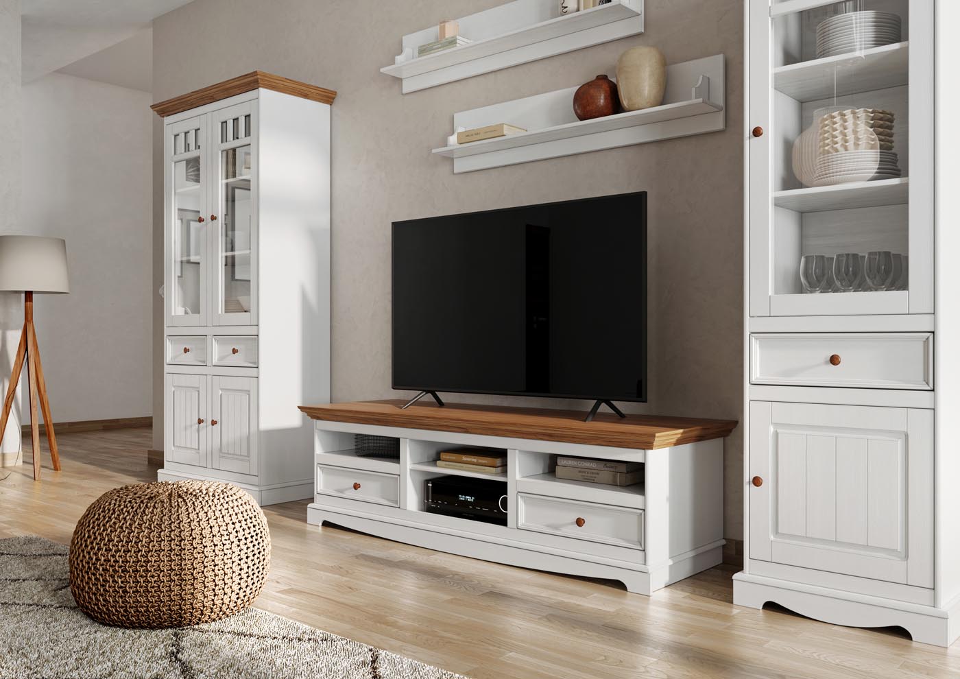 Belluno Elegante Massivholz Lowboard mit 2 Schubladen 167 cm Weiß / Walnuss