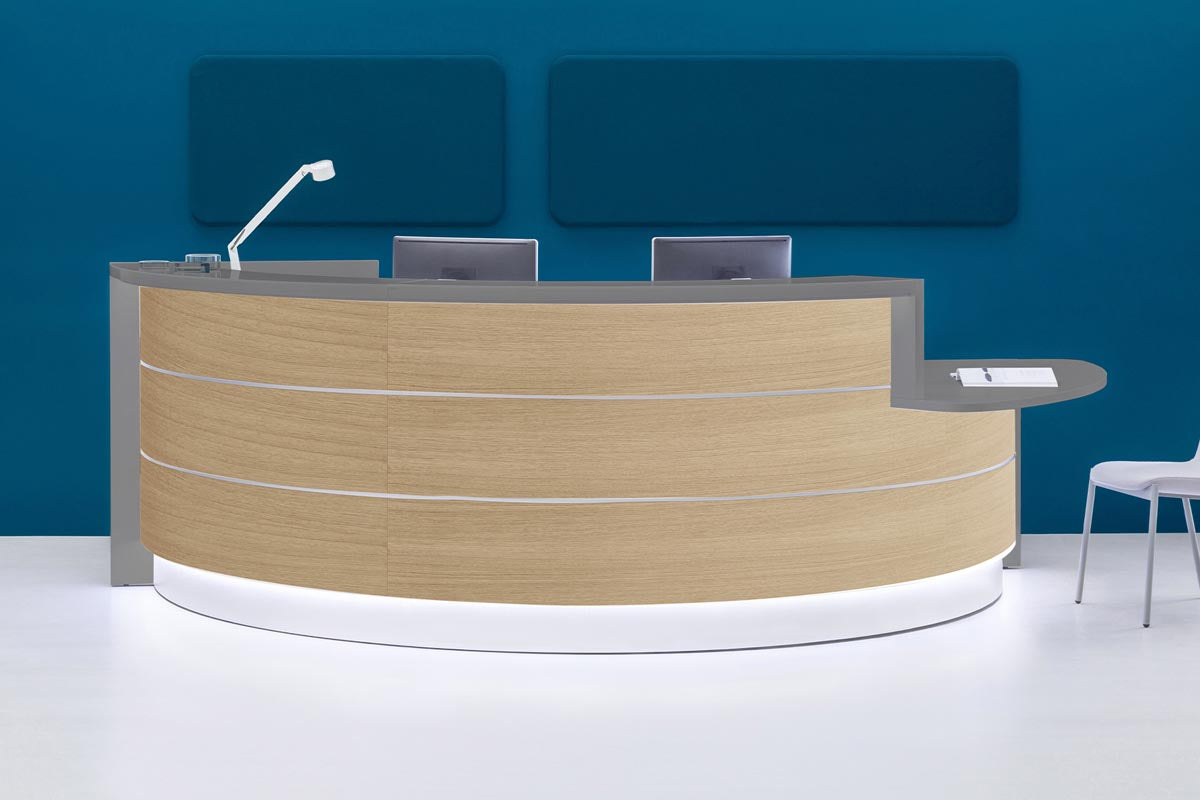 Valde 9 Empfangstheke, rund 336x163 cm, Kanadische Eiche / Korpus wählbar