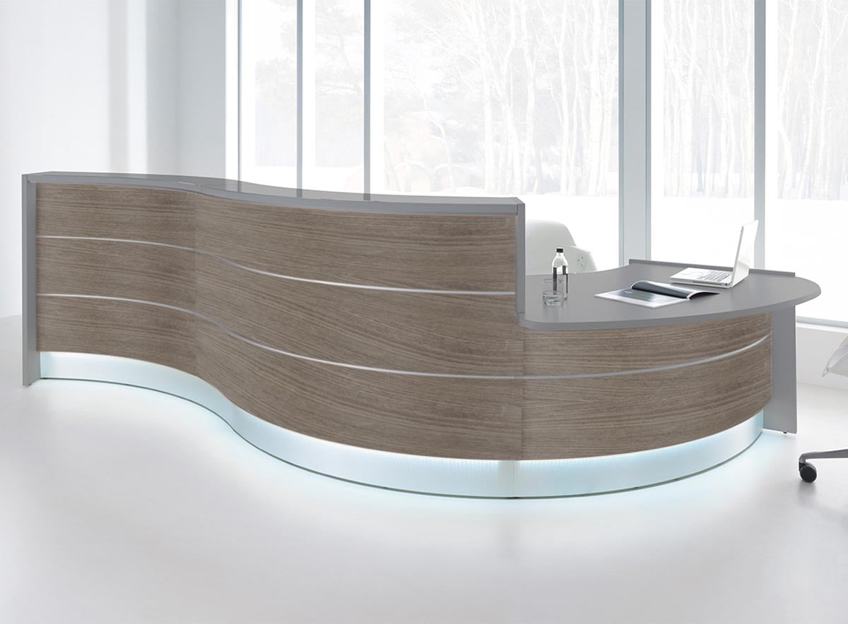 Valde 6 Empfangstheke, gebogen 438x163 cm Eiche Grau / Korpus wählbar