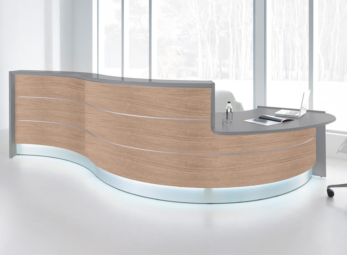 Valde 6 Empfangstheke, gebogen 438x163 cm Eiche Natur / Korpus wählbar