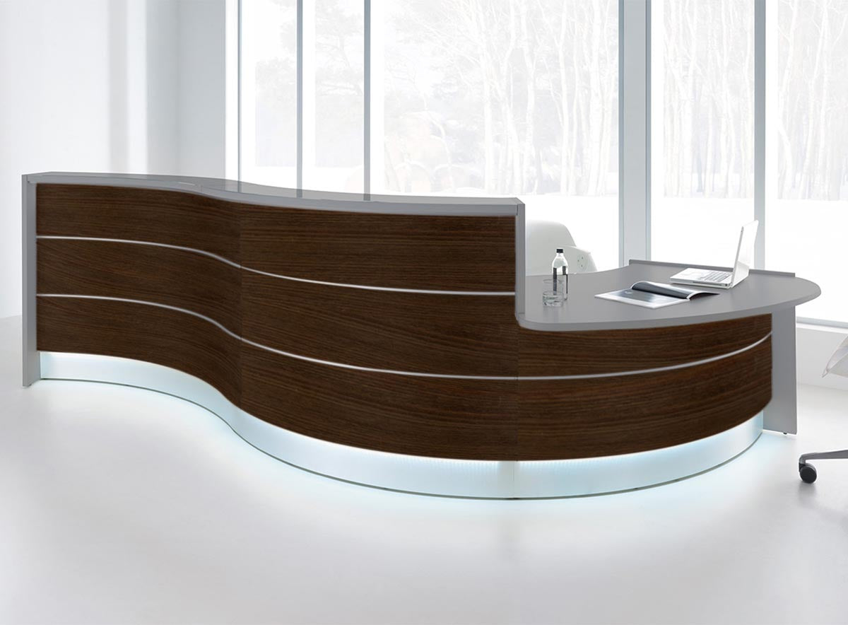 Valde 6 Empfangstheke, gebogen 438x163 cm Walnuss Dunkel / korpus wählbar