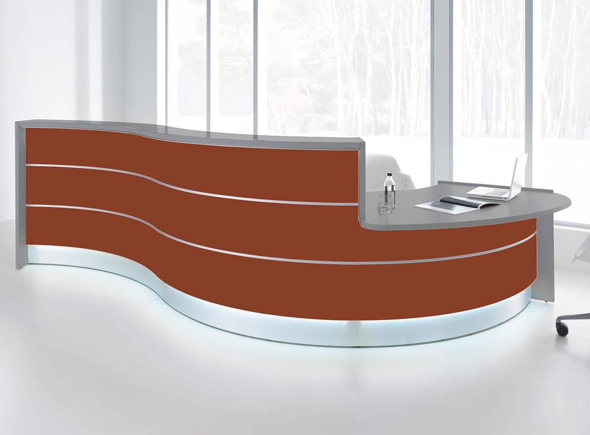 Valde 6 Empfangstheke, gebogen 438x163 cm Rot / Korpus wählbar
