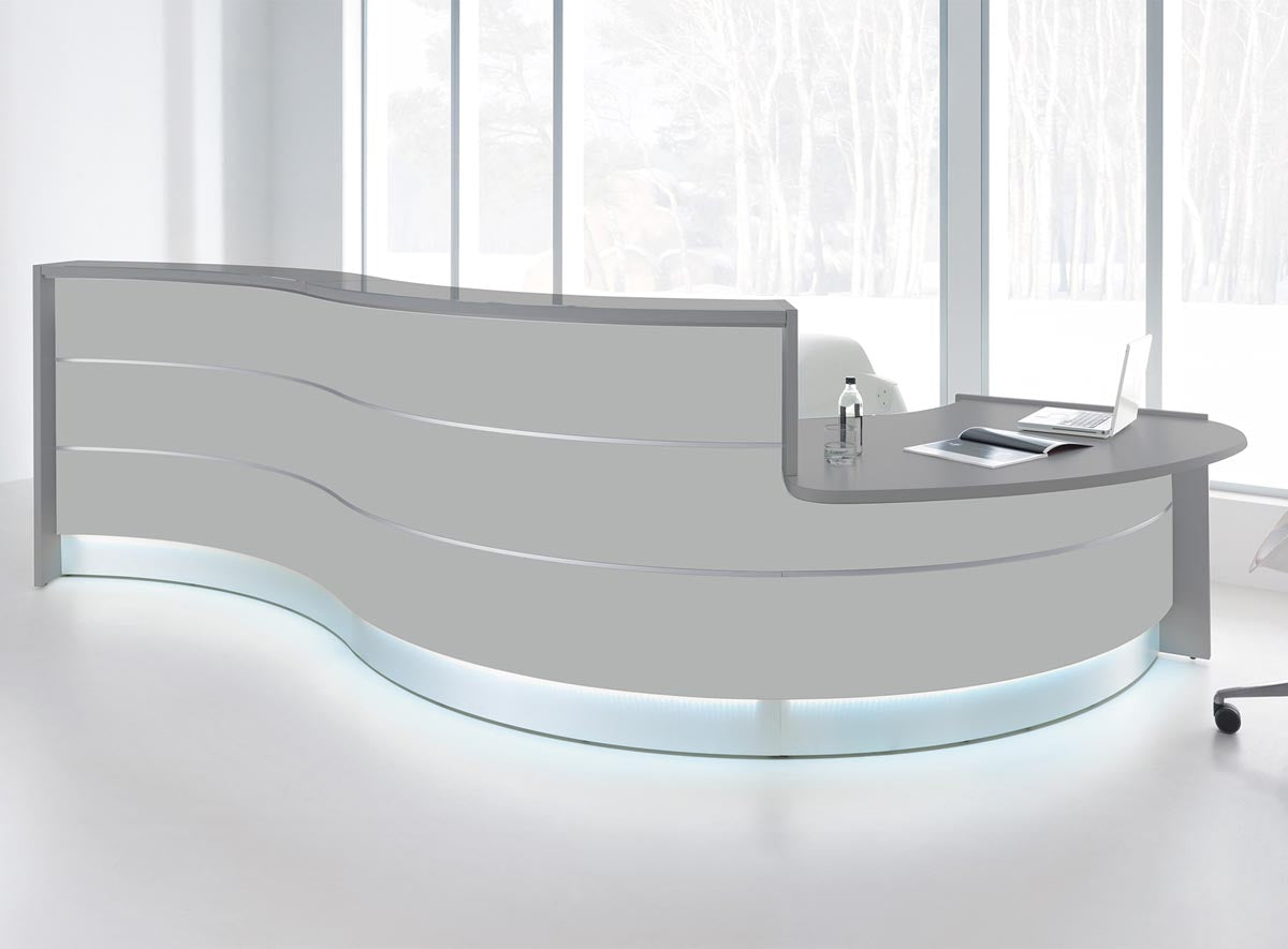 Valde 6 Empfangstheke, gebogen 438x163 cm Grau / Korpus wählbar