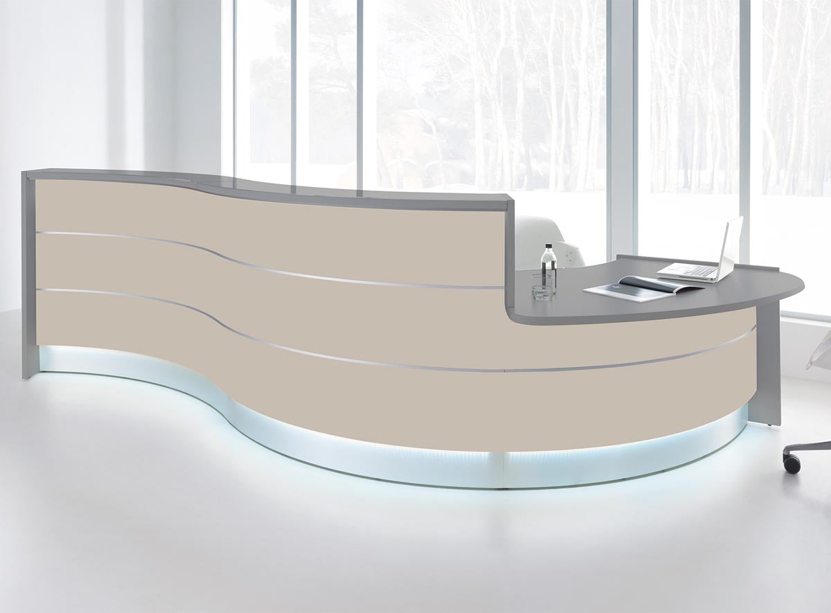 Valde 6 Empfangstheke, gebogen 438x163 cm Beige / Korpus wählbar